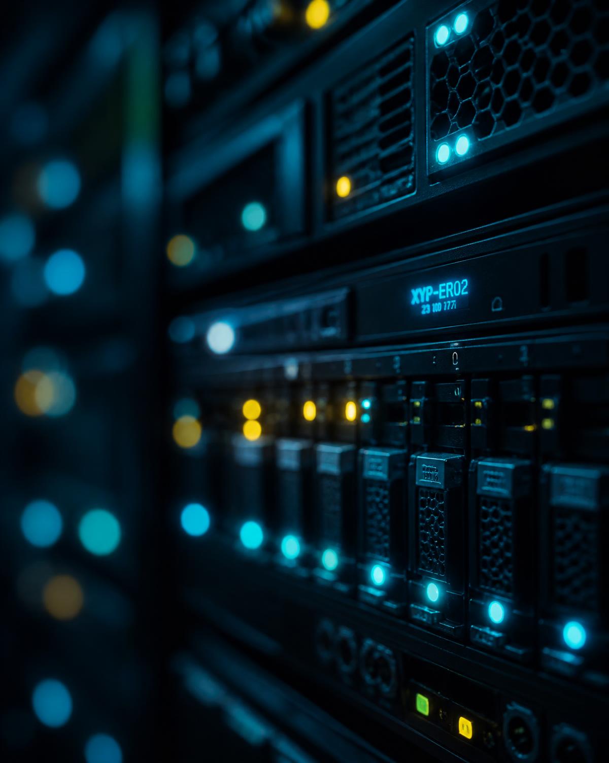Server hardware with glowing indicator lights